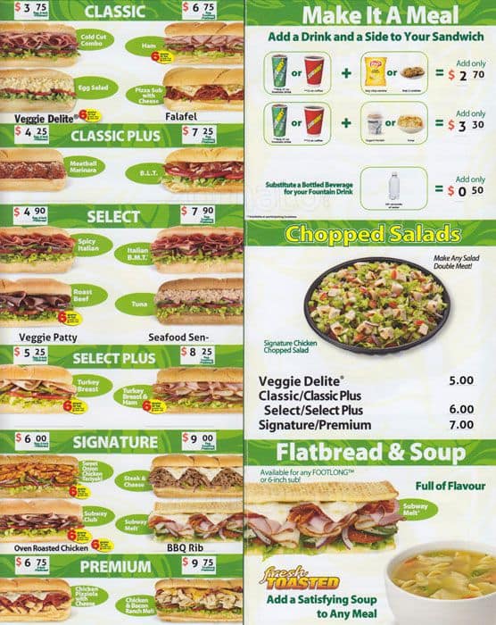 Printable Subway Menu Items And Prices