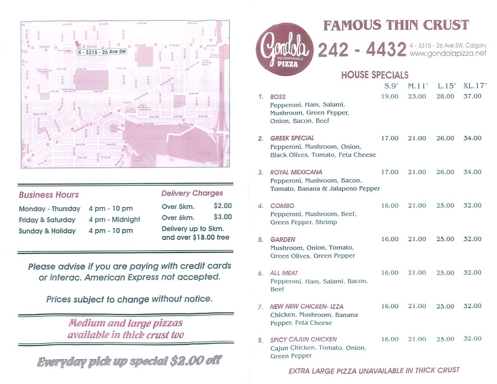 Gondola Pizza Menu, Menu for Gondola 