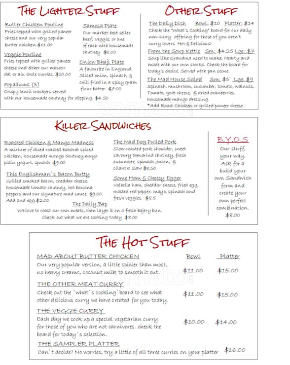 Mad Dog Menu, Menu for Mad Dog, Dead Man's Flats, Dead Man's Flats