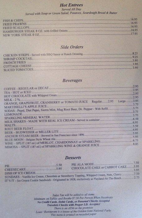 Louis Menu Menu at Louis' restaurant, San Francisco