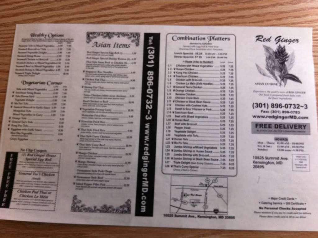 Red Ginger Menu, Menu for Red Ginger, Kensington, Montgomery County