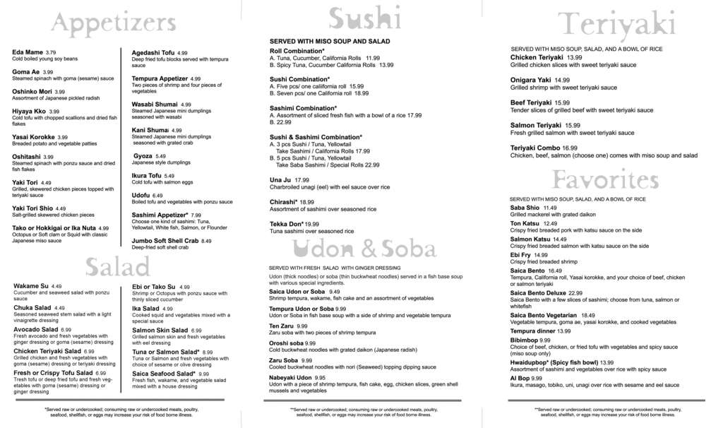 Saica Menü, Saica, Ann Arbor, Detroit için Menü Urbanspoon/Zomato