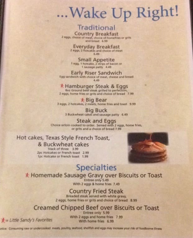 Menu at Little Sandy's restaurant, Bruceton Mills