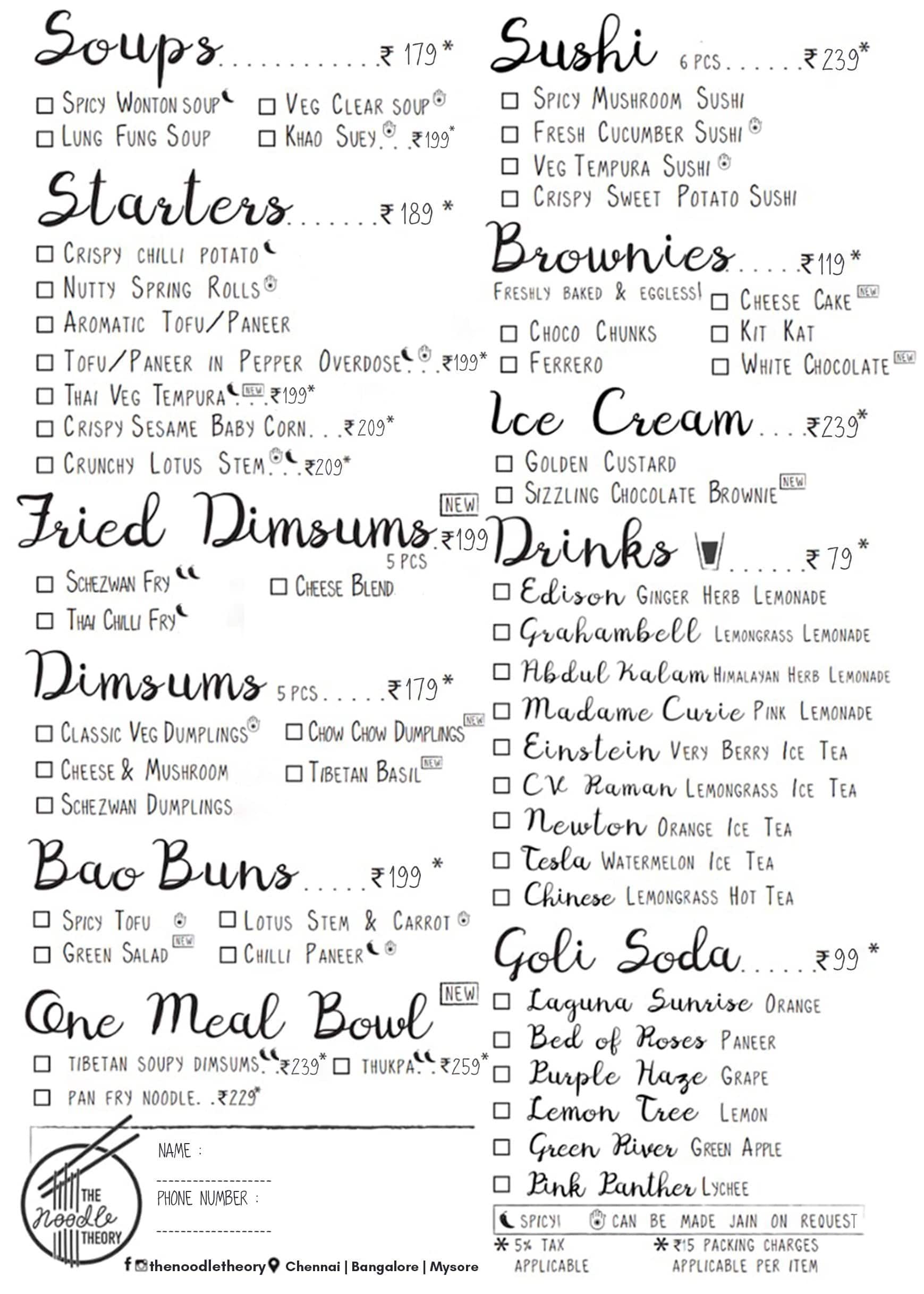 Menu of The Noodle Theory, Kilpauk, Chennai