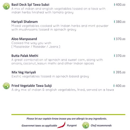 Menu of The Basil Deck Erandwane Pune