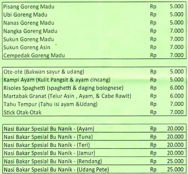 Pisang Goreng Madu Bu Nanik, Tanjung Duren Menu