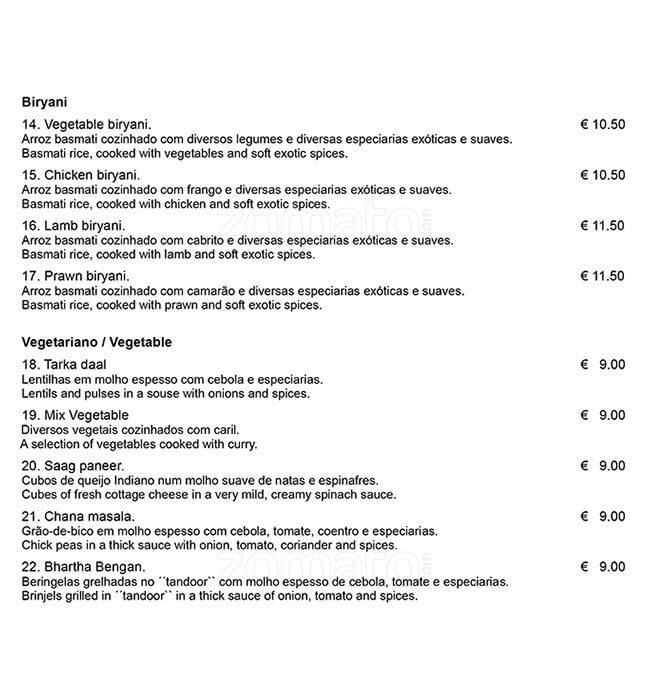 Menu at Calcutá 2 restaurant, Lisbon