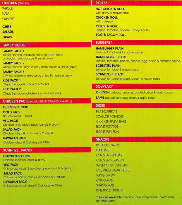 Menu at Dromana Charcoal Chicken fast food, Dromana