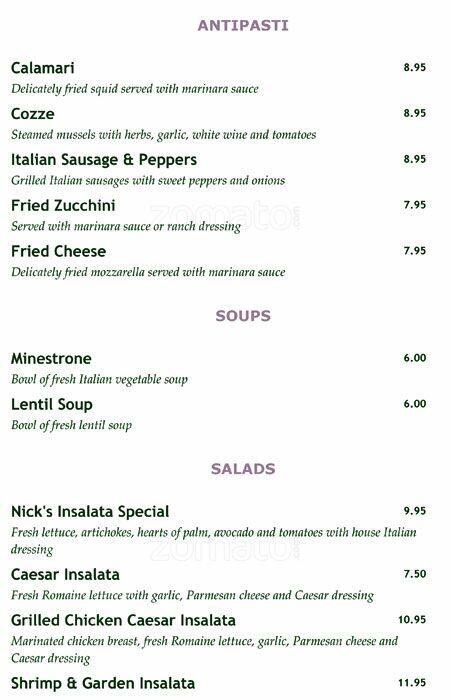 Nicks Italian Menu Menu For Nicks Italian Sugar Land Houston