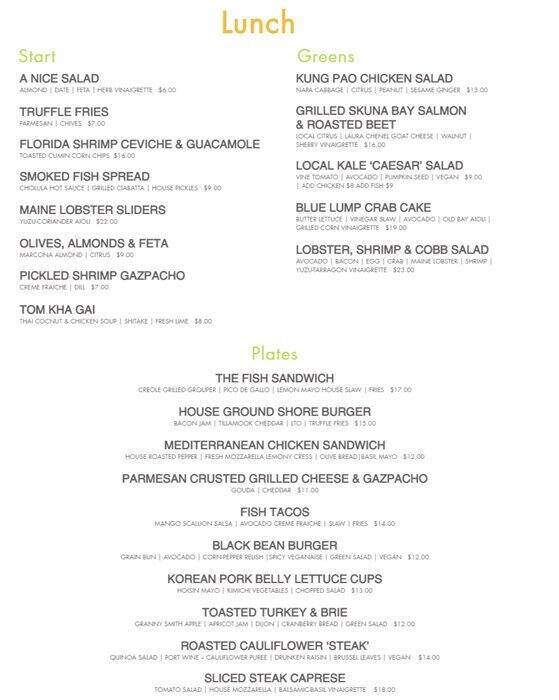 Menu at Shore St. Armands restaurant, Sarasota