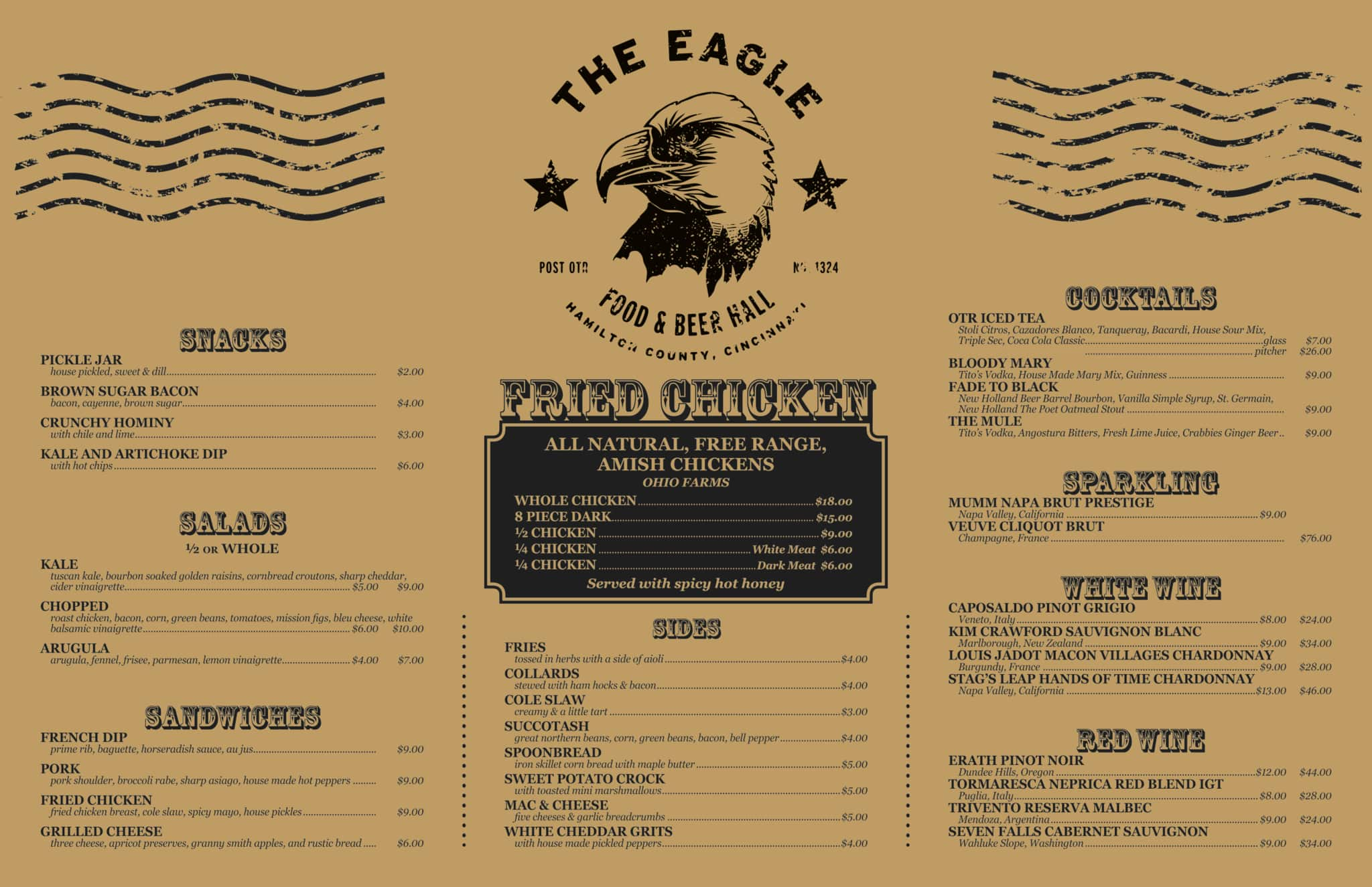 Menu at The Eagle restaurant, Cincinnati