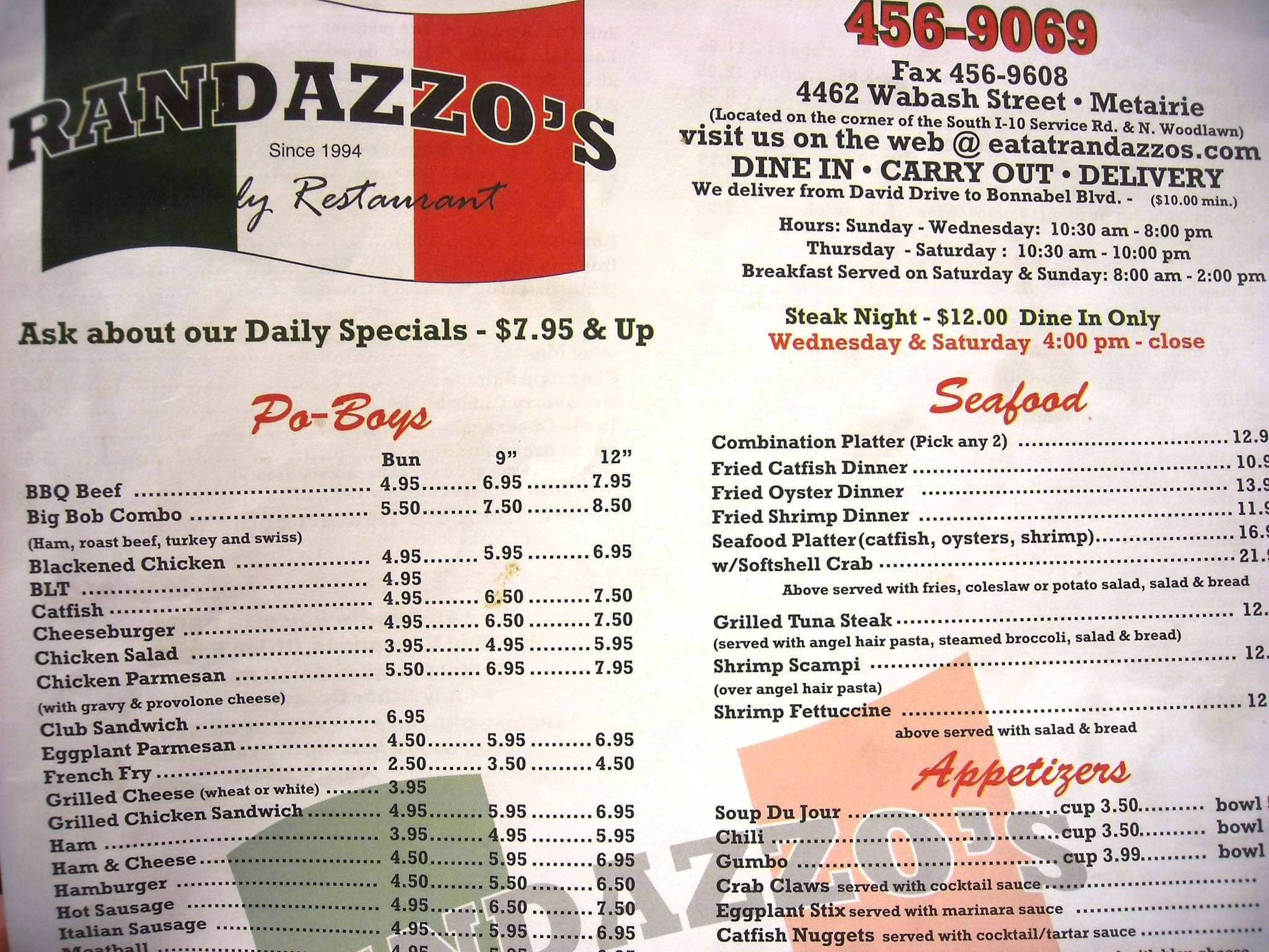 Randazzo's Family Restaurant Menu - Urbanspoon/Zomato