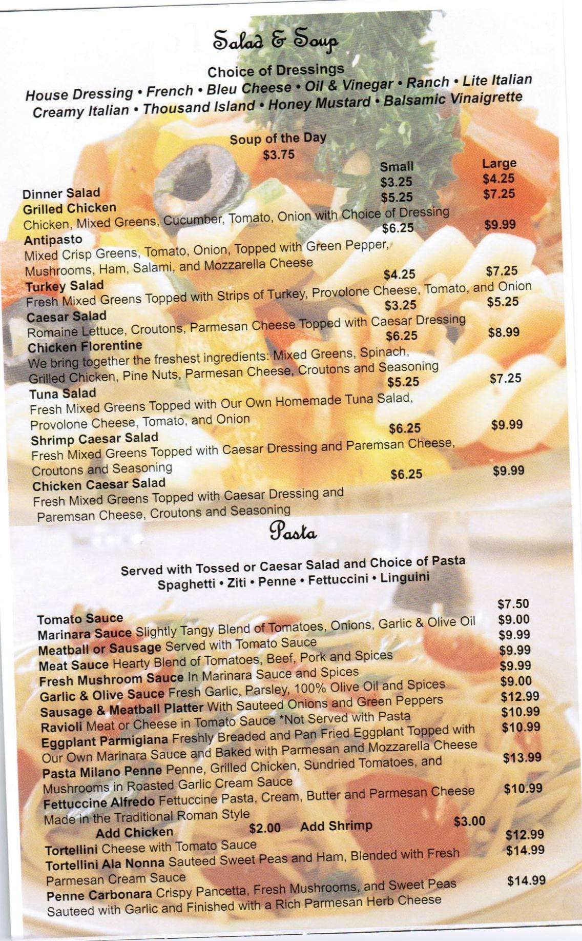 Menu at La Bella Italia pizzeria, Gettysburg