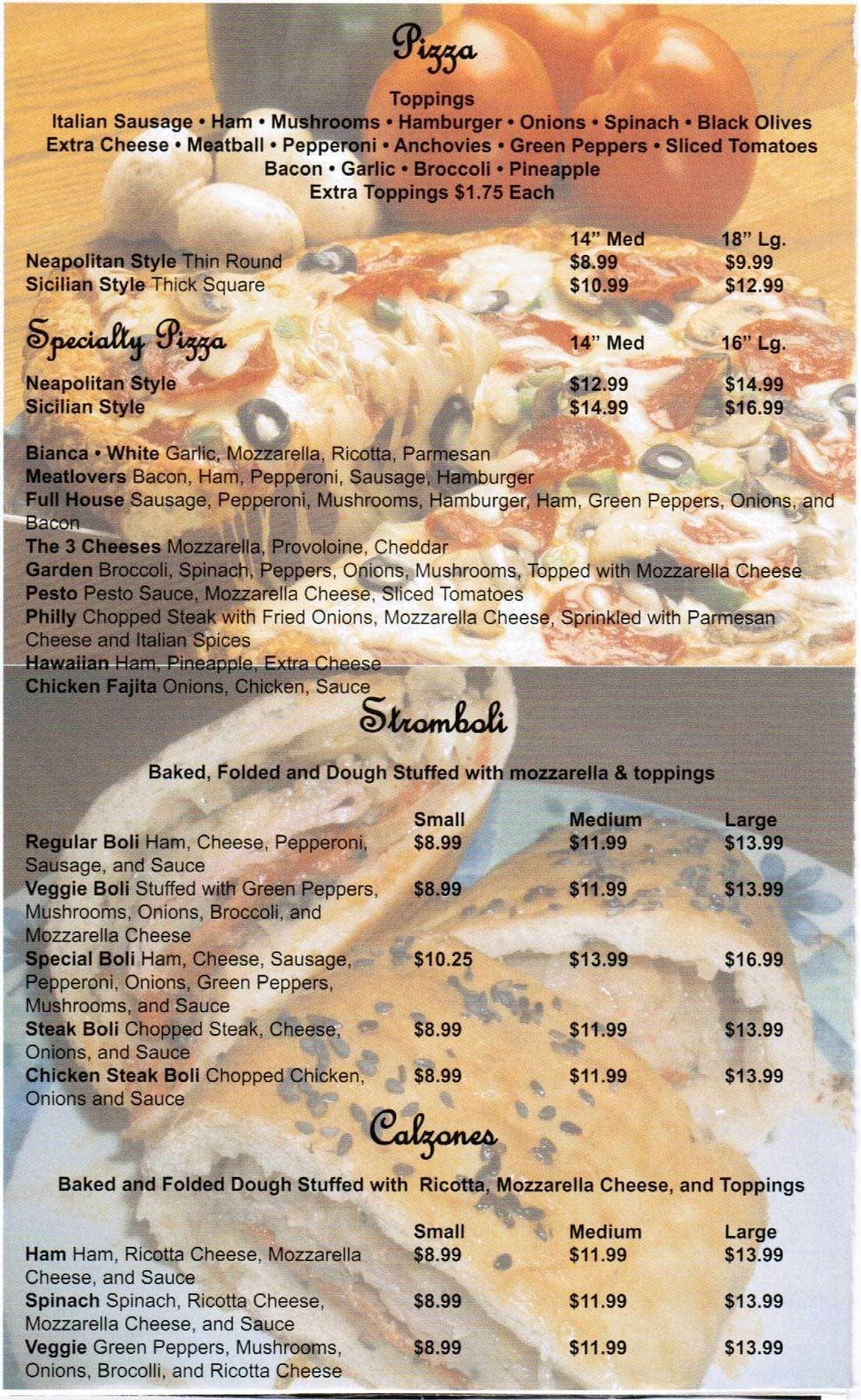 Menu at La Bella Italia pizzeria, Gettysburg