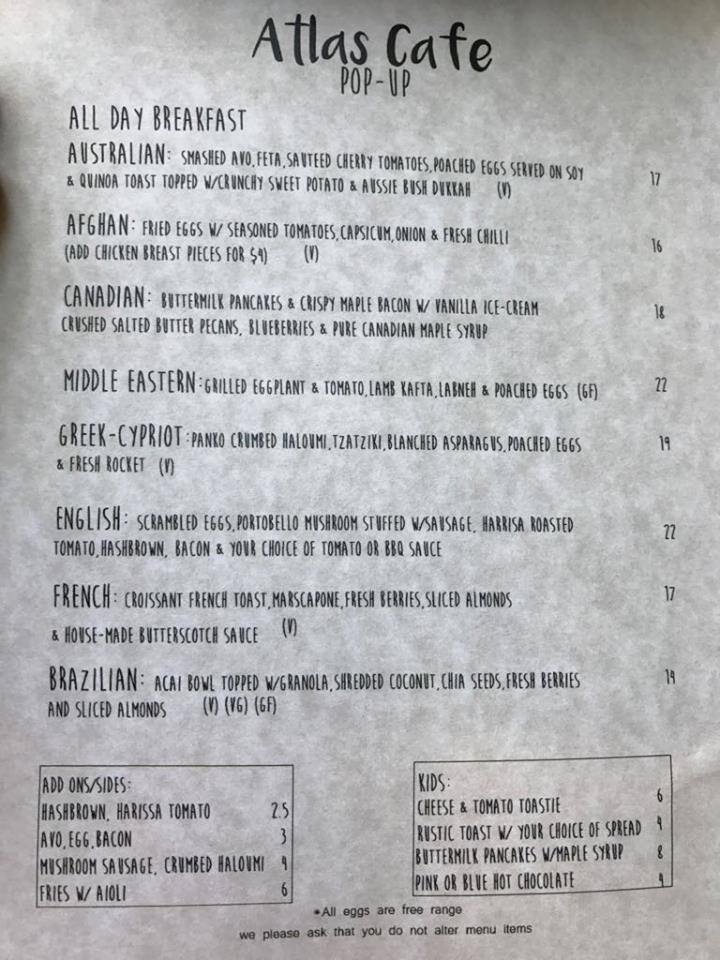 Atlas Cafe PopUp Menu, Menu for Atlas Cafe PopUp, Old Toongabbie