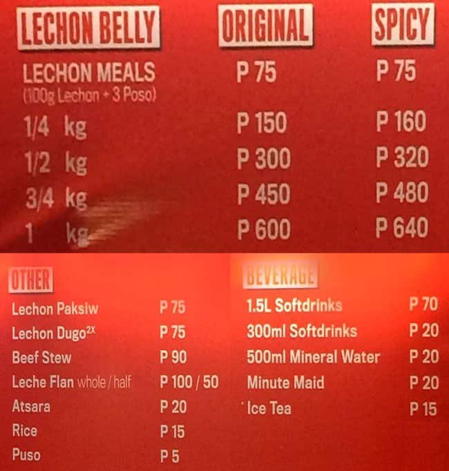 Cebu's Original Lechon Belly Menu - Zomato Philippines