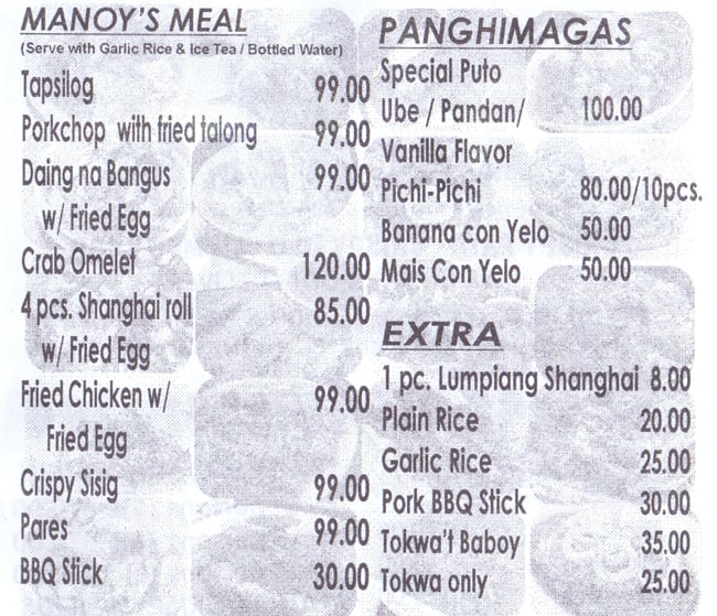 Menu at Manoy & Cucuz Panciteria restaurant, Makati, Kalayaan Ave