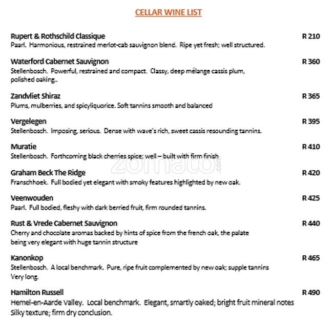 Menu at Twist Restaurant, Johannesburg