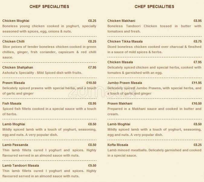 Menu at Ashoka restaurant, Manchester