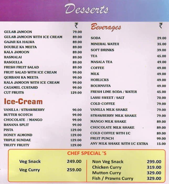 Silver Plates Restaurant menu