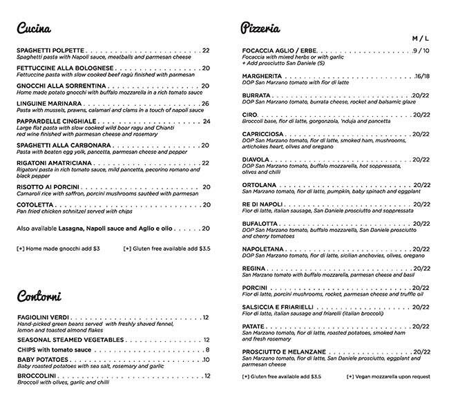 Zanini menu