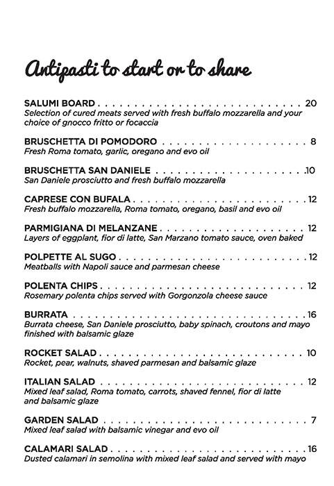 Zanini menu