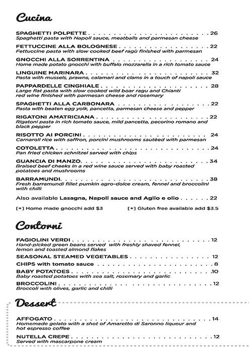 Zanini menu