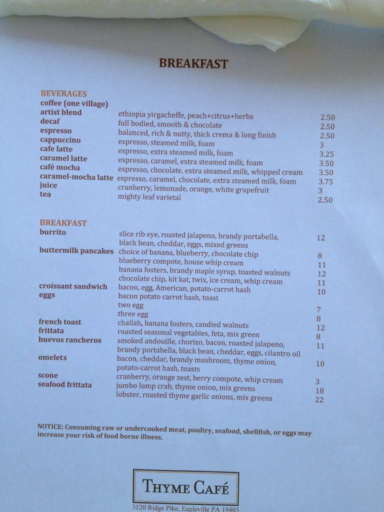 Thyme Cafe Menu, Menu for Thyme Cafe, Eagleville, Montgomery County