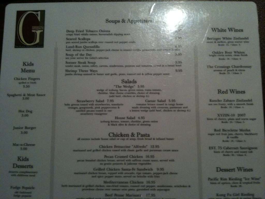 Gage's Steakhouse Menu, Menu for Gage's Steakhouse, Guthrie, Oklahoma