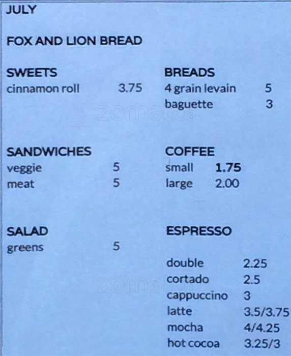 Fox & Lion Bread Menu, Menu for Fox & Lion Bread, Bayview, San
