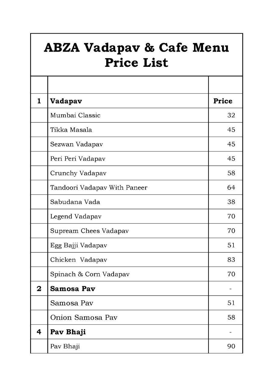Menu of ABZA Vadapav & Cafe, RTC X roads, Hyderabad