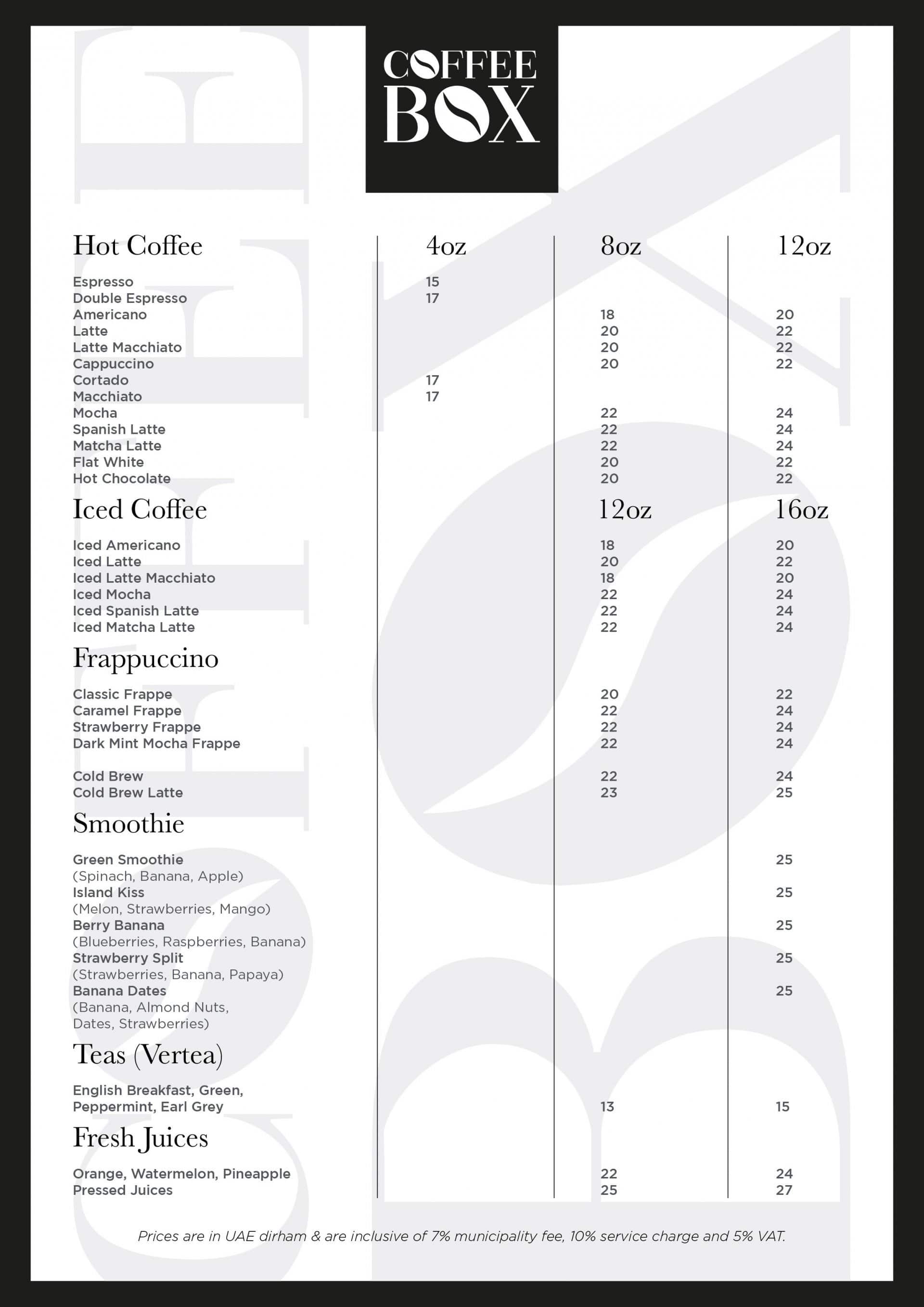 Menu of Coffee Box, Jumeirah Lake Towers (JLT), Dubai