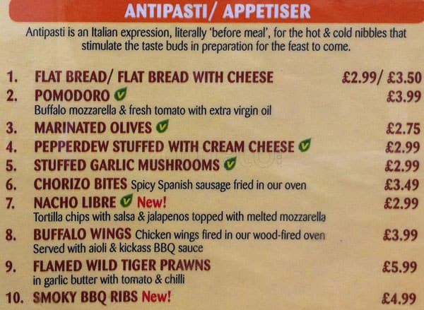 Menu at Firebellys pizzeria, Purley