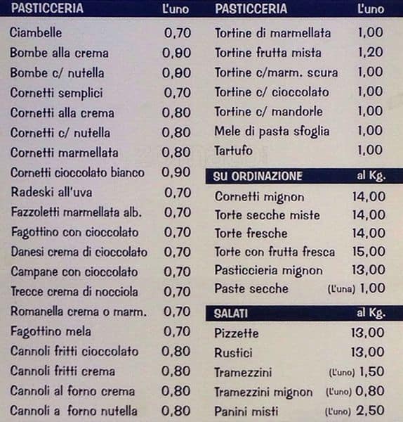 Menu di Cornetteria Dolceluna 