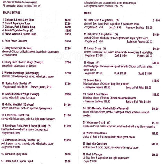 Menu at Le Hoang Mount Eliza restaurant, Mount Eliza