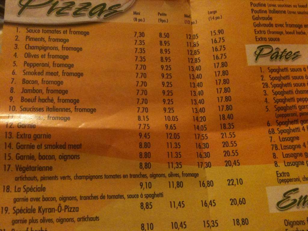 Kyrano Pizza Menu, Menu for Kyrano Pizza, Quebec City, Quebec City