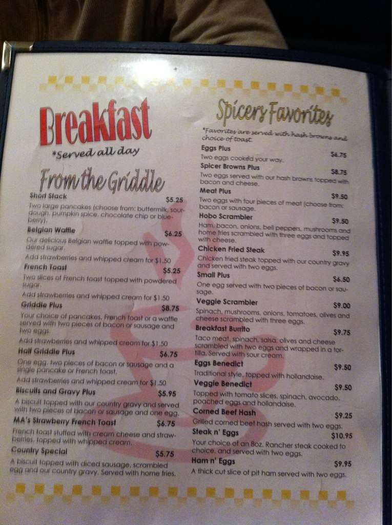 Menu at Spicers restaurant, Medford