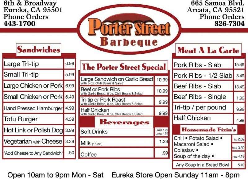 Porter Street BBQ of Eureka Menu Urbanspoon/Zomato