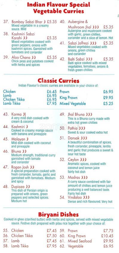 Indian Flavour menu