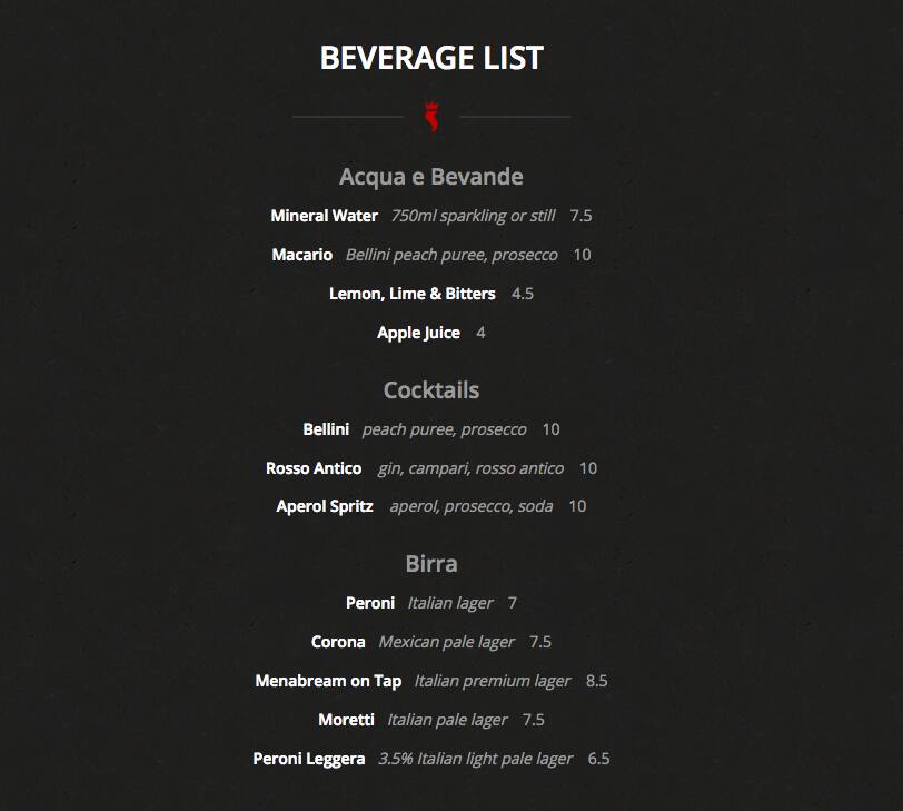 Rosso Antico Pizza Bar menu, Menu restauracji Rosso Antico Pizza Bar