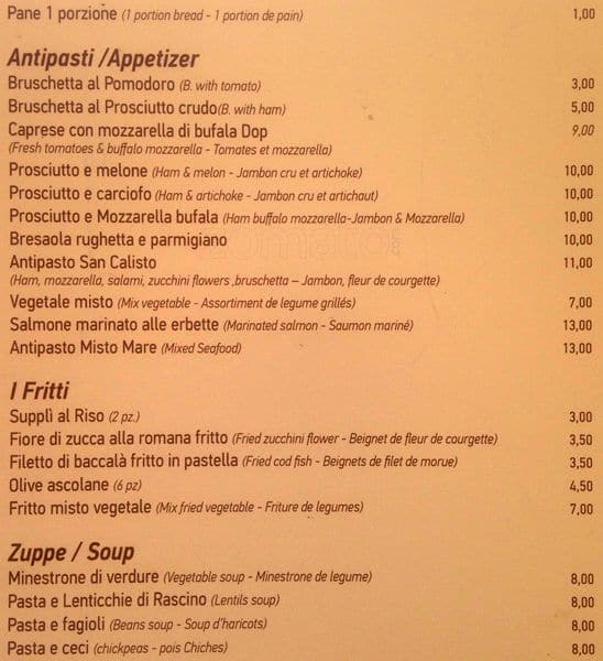 Menu di Ristorante All'arco Di San Calisto 