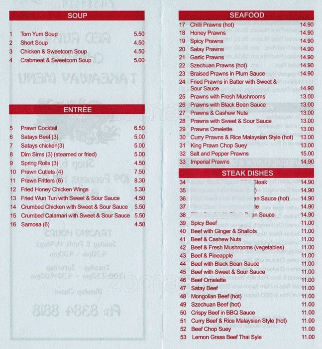 Menu at Red Ruby Chinese Takeaway restaurant, Hackham