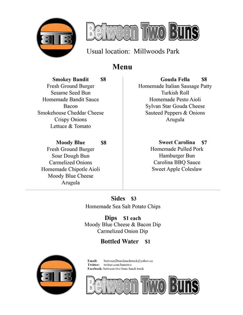 Menu at Between Two Buns, Edmonton