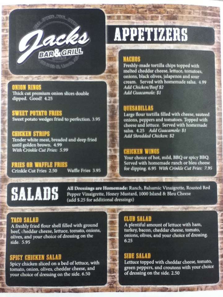 Menu at Jack's Bar & Grill, Lincoln