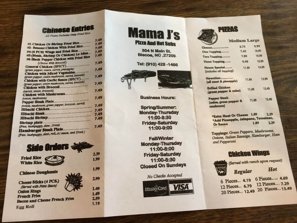 Mama J's Pizza, Hot Sub and Chinese a Biscoe Foto del Menu con Prezzi