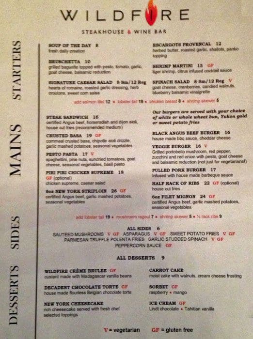 Wildfire Steakhouse Cosmopolitan Hotel Menu Urbanspoon/Zomato