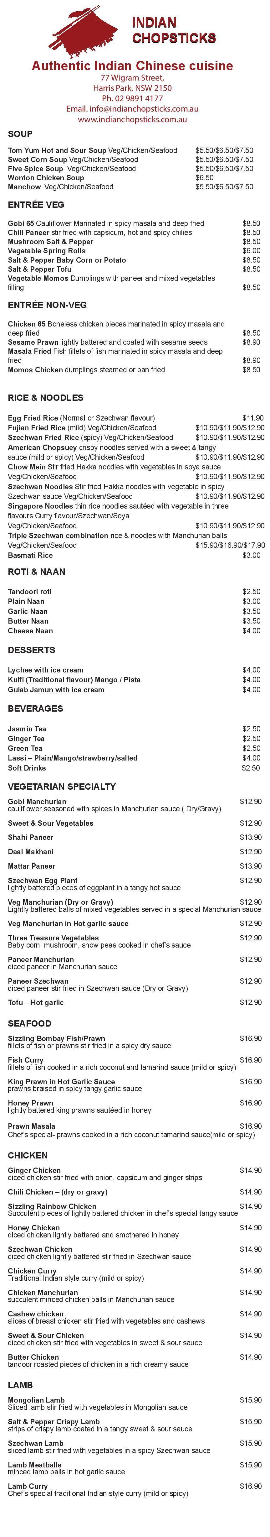 Menu for Indian Chopsticks, Harris Park 