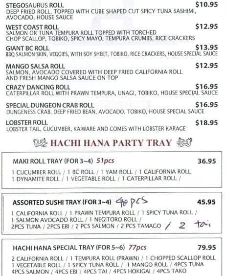 Menu at Hachi Hana Japanese Restaurant, North Vancouver