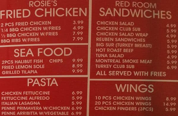The Red Room Restaurant menu