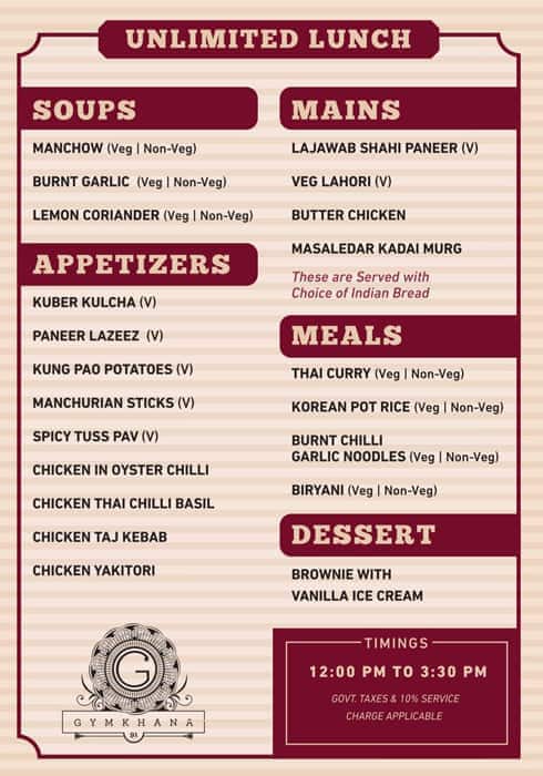 Gymkhana 91 Bar & Kitchen menu
